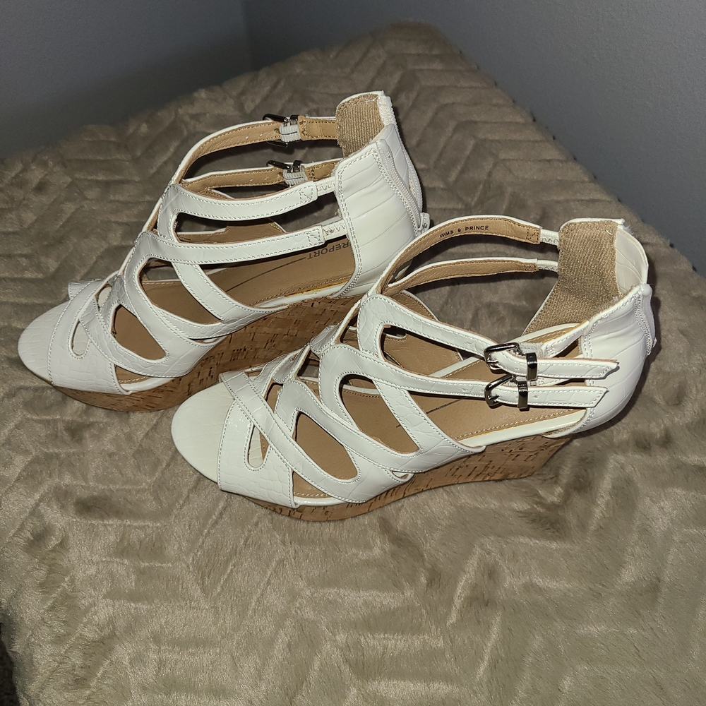 Report White Strappy Wedge Sandals